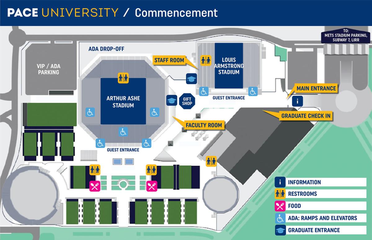 Map of USTA campus signaling entrances, ramps and elevators, restrooms, food, and check-in areas.