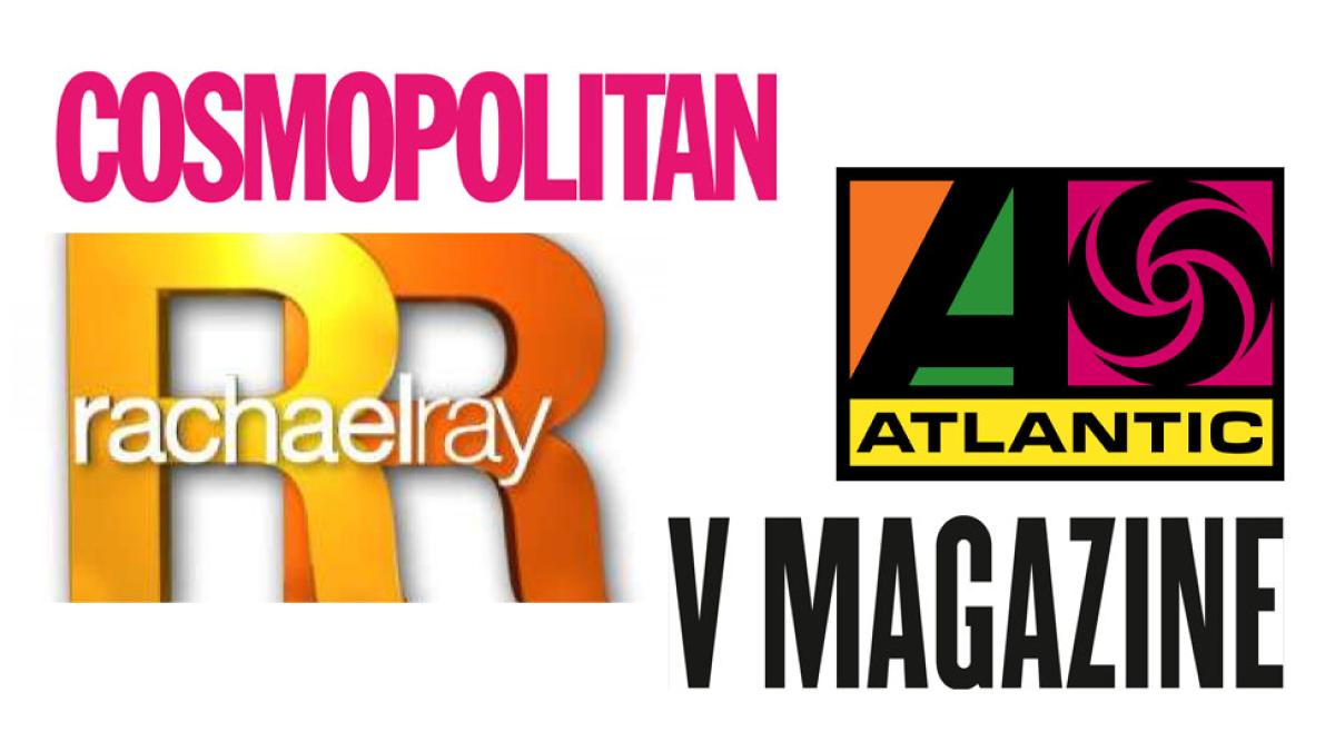 Logos for Cosmopolitan, Rachel Ray, V Magazine, and Atlantic Records