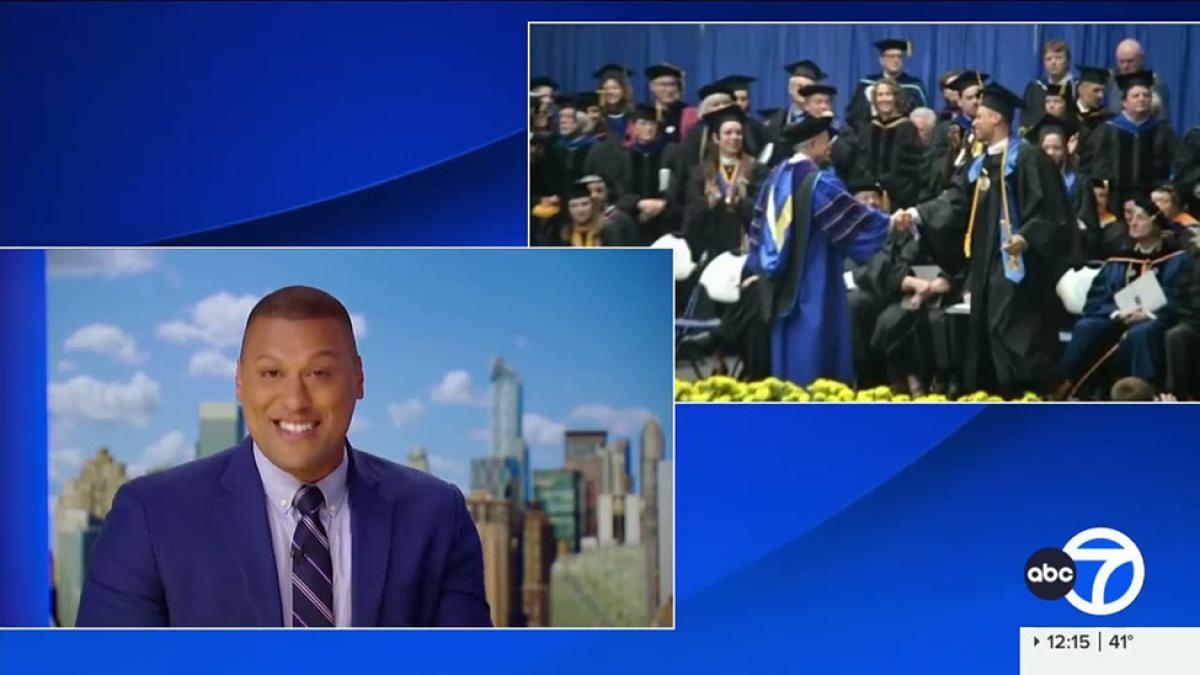 Pace alumnus Pedro Rivera '12 and co-anchor of WABC weekend morning news juxtapozed with an image of his Pace University graduation