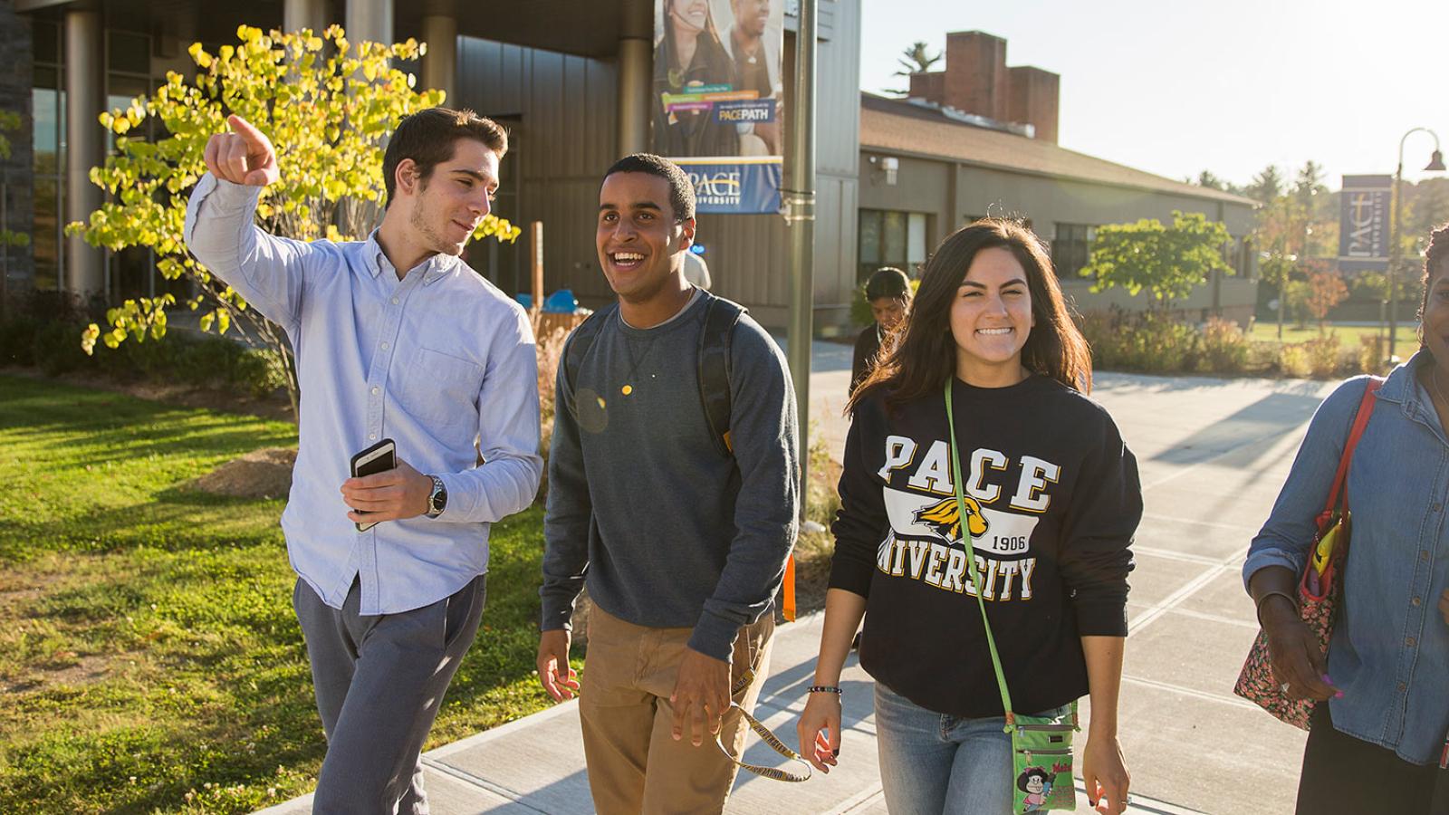 Students walking around the Pace Pleasantville campus.