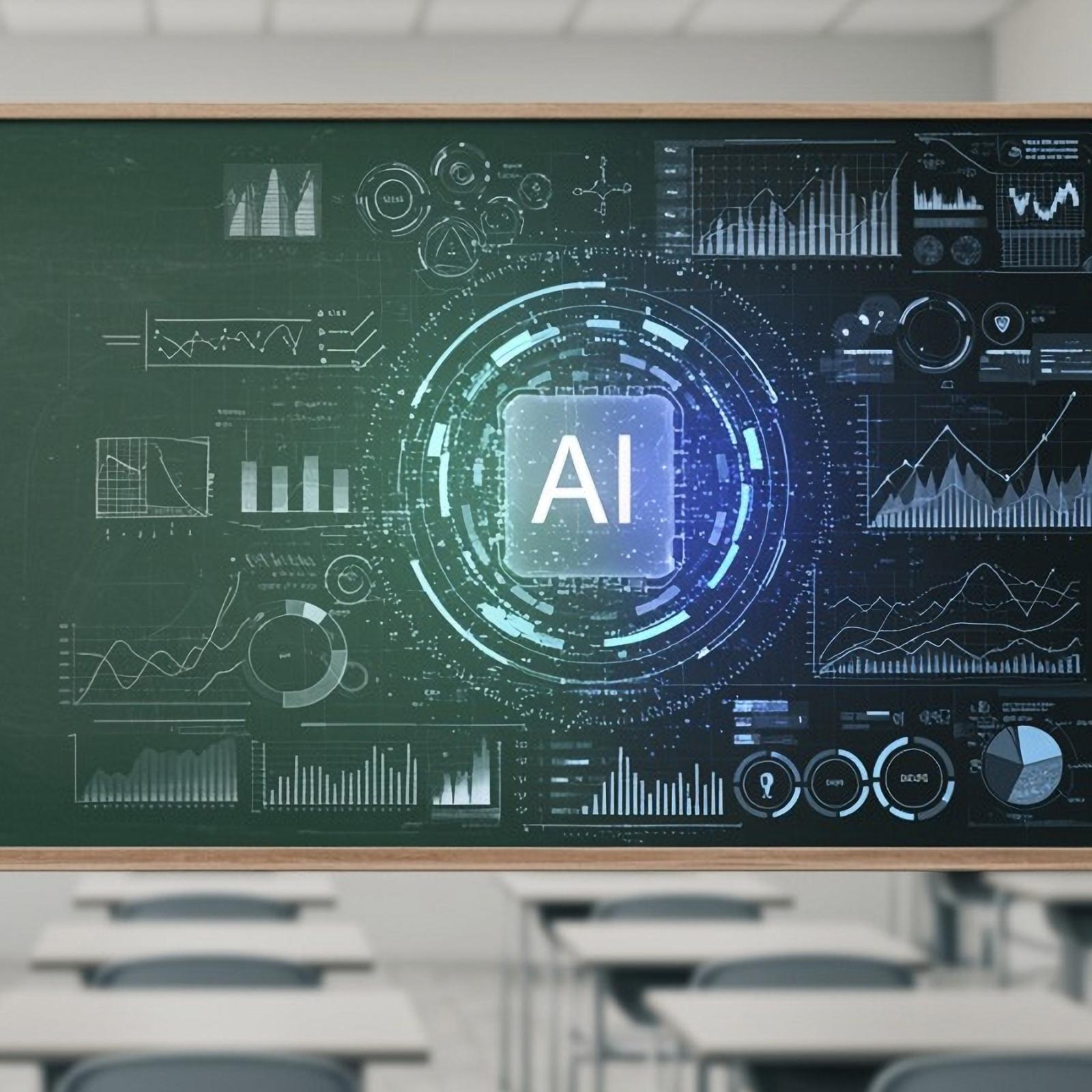 The word AI is surrounded by tech symbols on a chalkboard