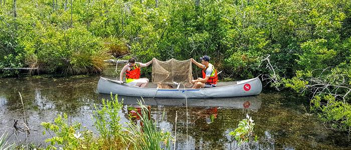 Students on a boat conducting research.