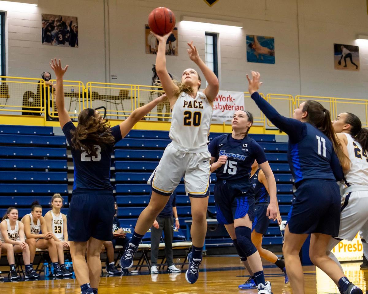 Pace basketball co-captain Lauren Schetter going up for a shot