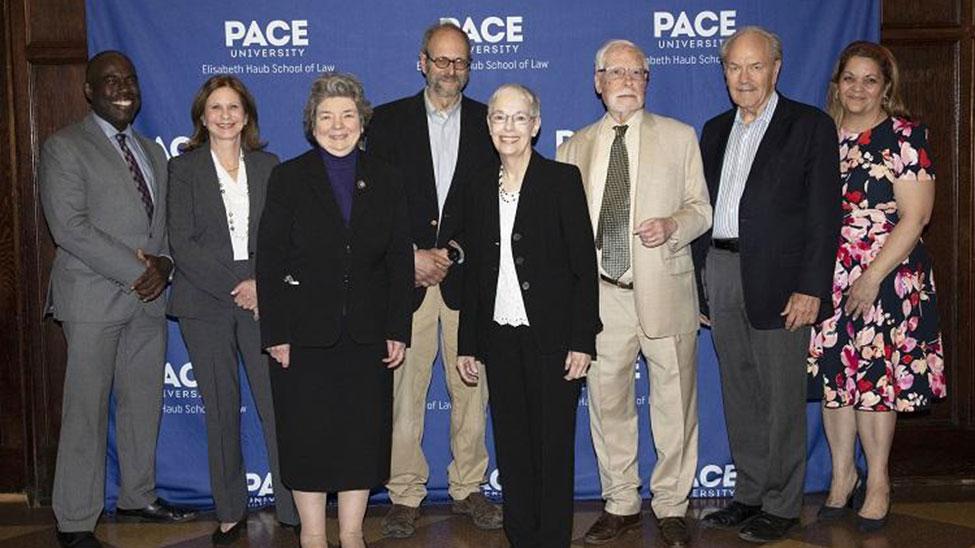 Dean Horace Anderson with retiring faculty including Karl S. Coplan, Linda C. Fentiman, Margaret M. Flint, Marie Stefanini Newman, John R. Nolon, Audrey Rogers, Merril Sobie