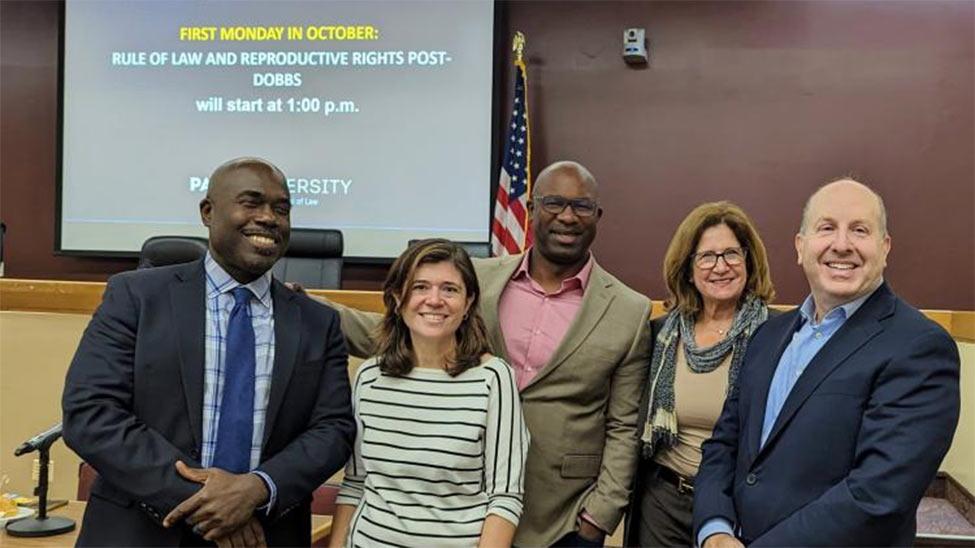 first monday panel - pictured Dean Anderson, Professor Waldman, Kulsoon Ijaz, Staff Attorney for the Center for Reproductive Rights, Mashayla Hays, Legal Counsel from The Lawyering Project. Pace President Marvin Krislov