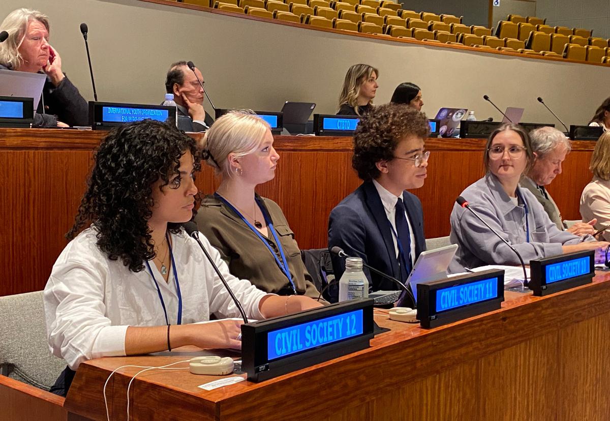 Pace University's Political Science and Peace and Justice Studies students Ellis Clay ‘25, Antje Hipkins ’24, and Jasmine Cintron Soto ’25 delivered statements to the United Nations General Assembly First Committee