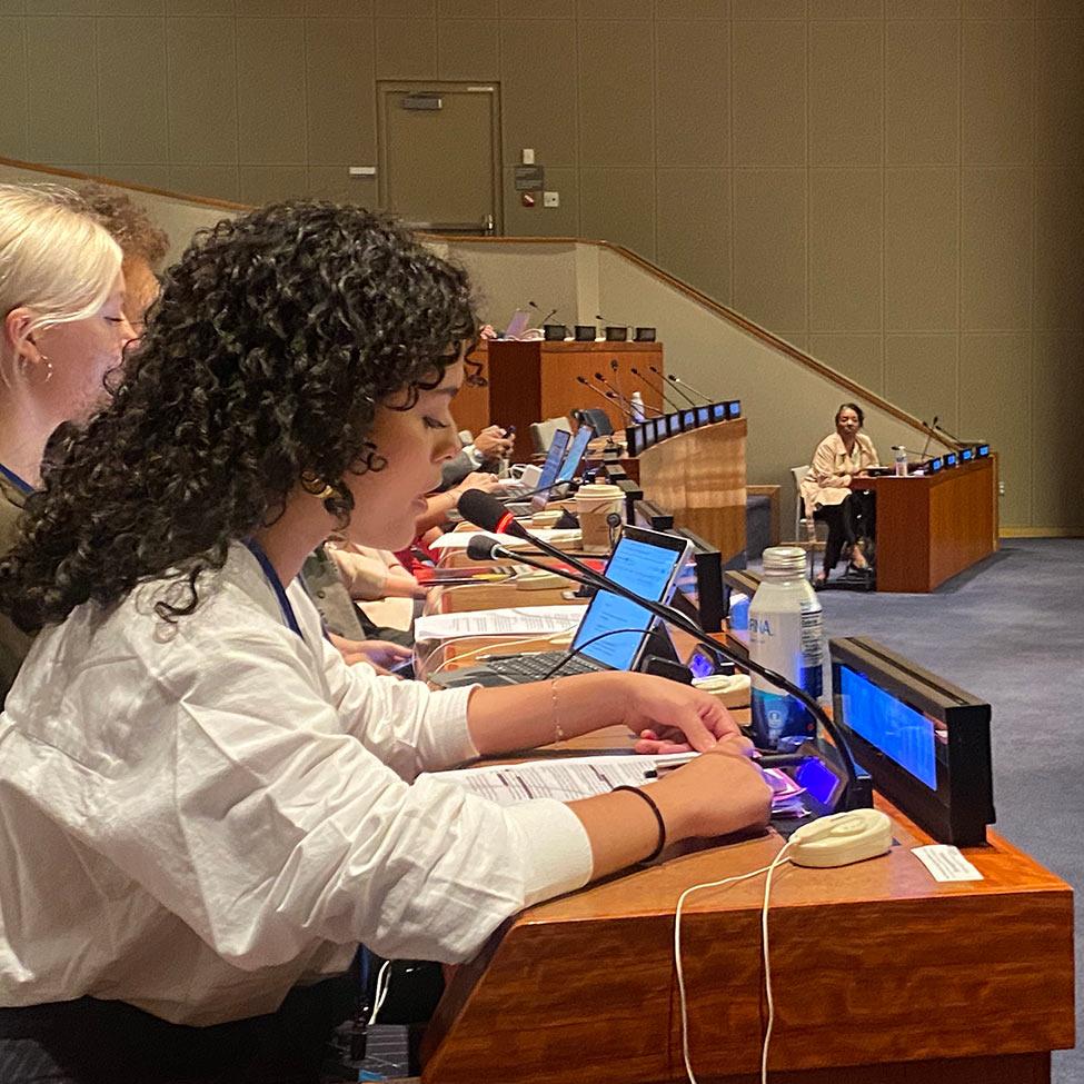 Pace University's Political Science and Peace and Justice Studies students Ellis Clay ‘25, Antje Hipkins ’24, and Jasmine Cintron Soto ’25 delivered statements to the United Nations General Assembly First Committee