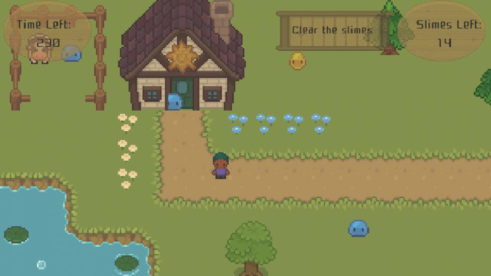 a screenshot of a pixel art game with a character walking down a path in a pastoral scene