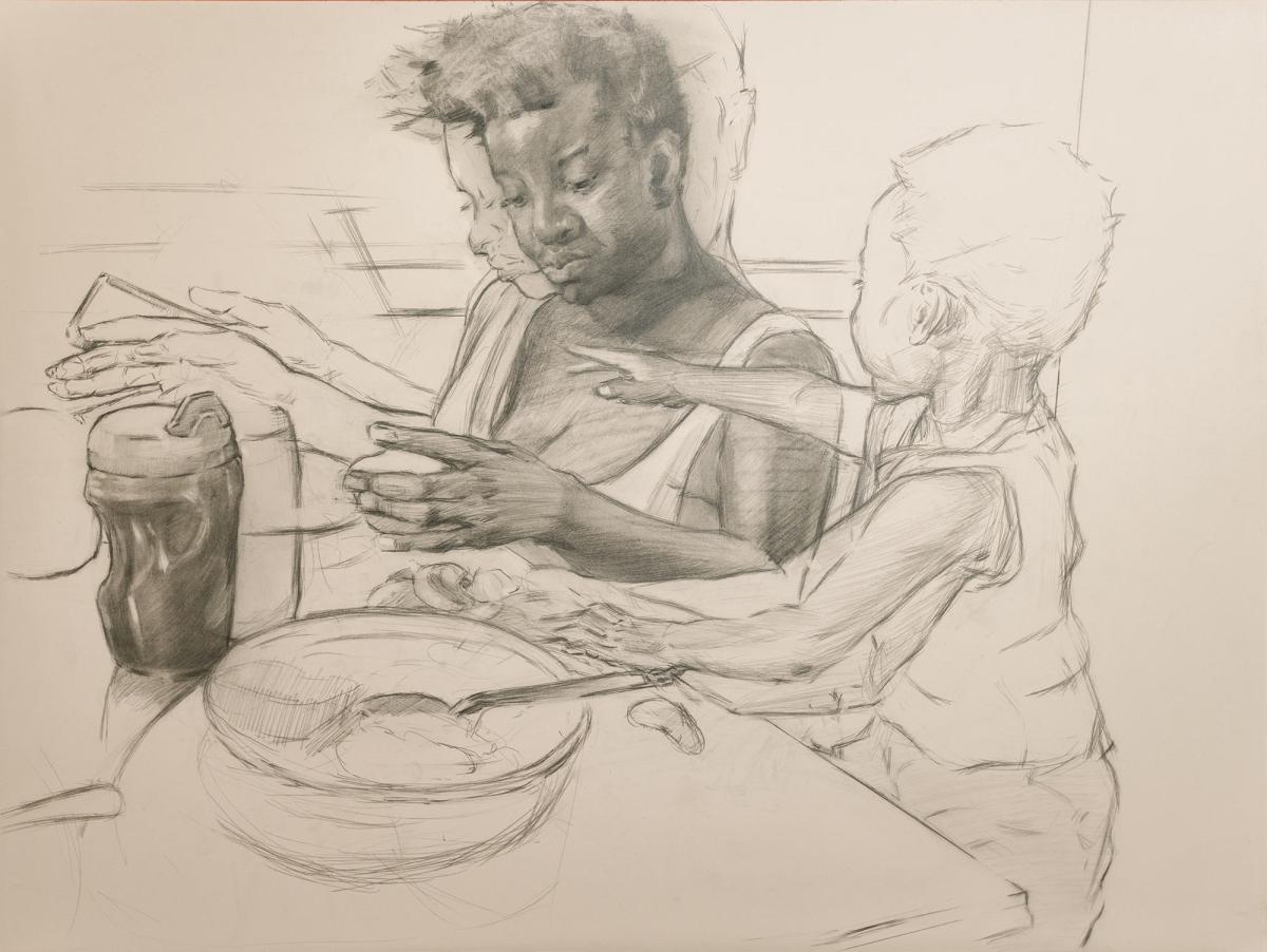 Artist Steven Anthony Johnson II's, “Multitasking”. A 2022 charcoal, graphite, and ink on mounted paper. Image shows a mother working at the kitchen table with her son nearby.