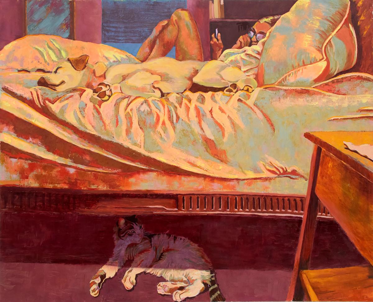 Artist Margaret Zox Brown's “Twilight Time”. A 2022 oil on canvas displaying a person laying in bed with their dog while their cat is laying under the bed frame.