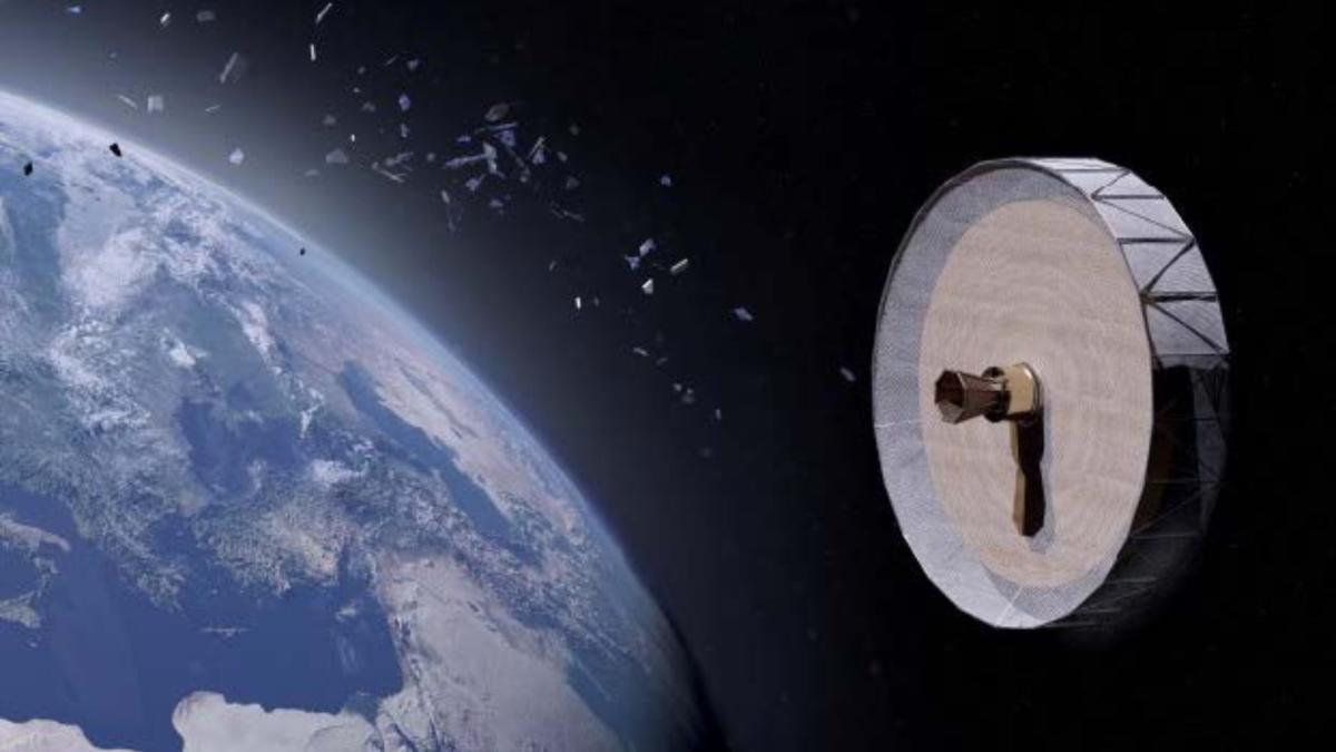 A round satellite floating in space above Earth. It is a concept for Team Oculus' project ORRUS, the Orbital Recovery Recycling and Utilization System.