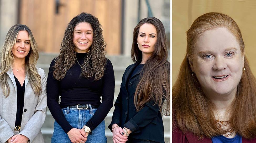 Crystal Lichtenberger ’24, Kaitlin Maguire ’24 and Gigi McQuillan ’24, Professor Crawford of Elisabeth Haub School of Law