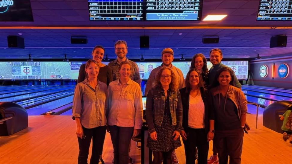 Professors pictured in a bowling alley for the social part of the inaugural EELS conference held at the Elisabeth Haub School of Law at Pace University