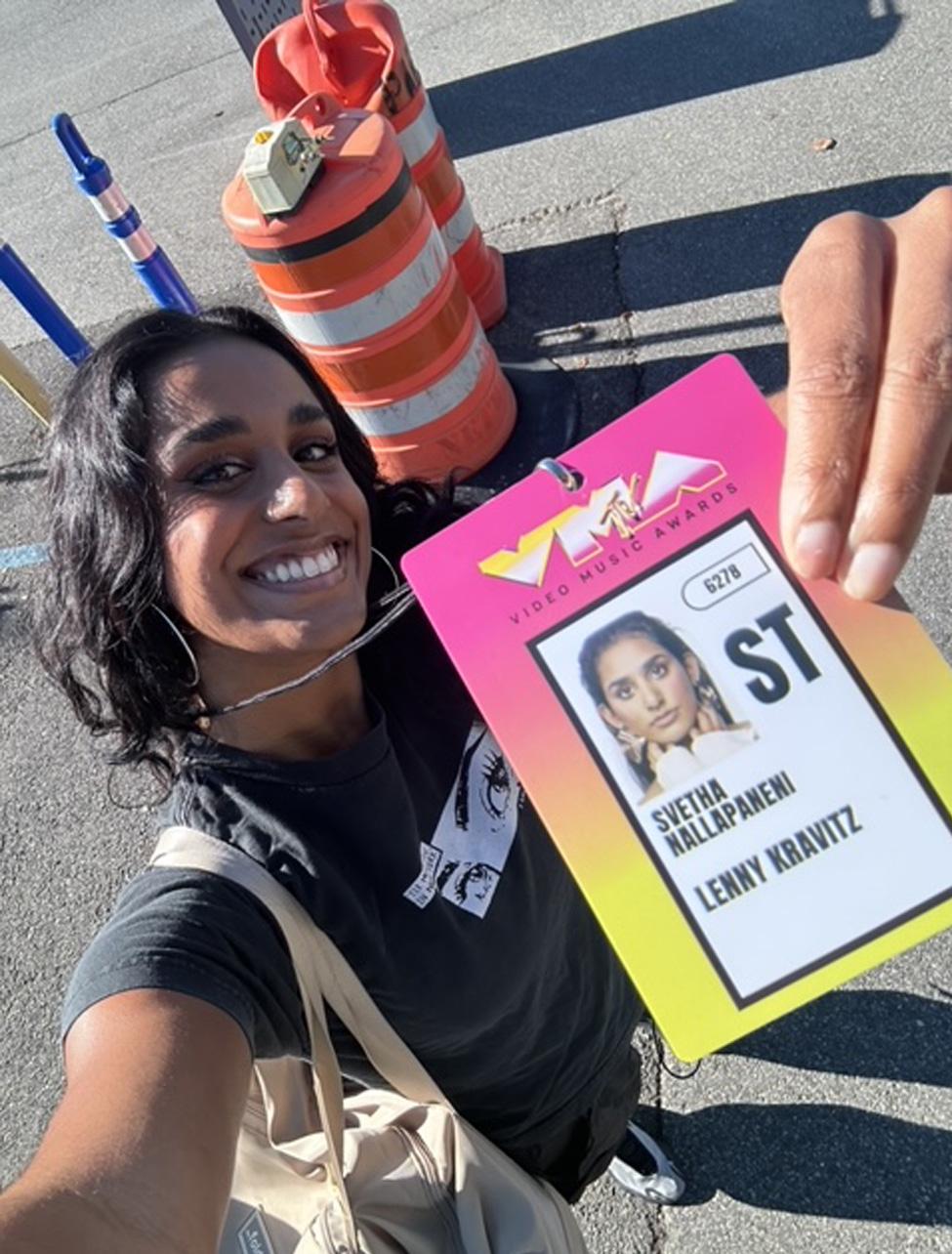 Svetha Nallapaneni a student at the Sands College of Performing Arts at Pace University, showing her VMA ID in a selfie.