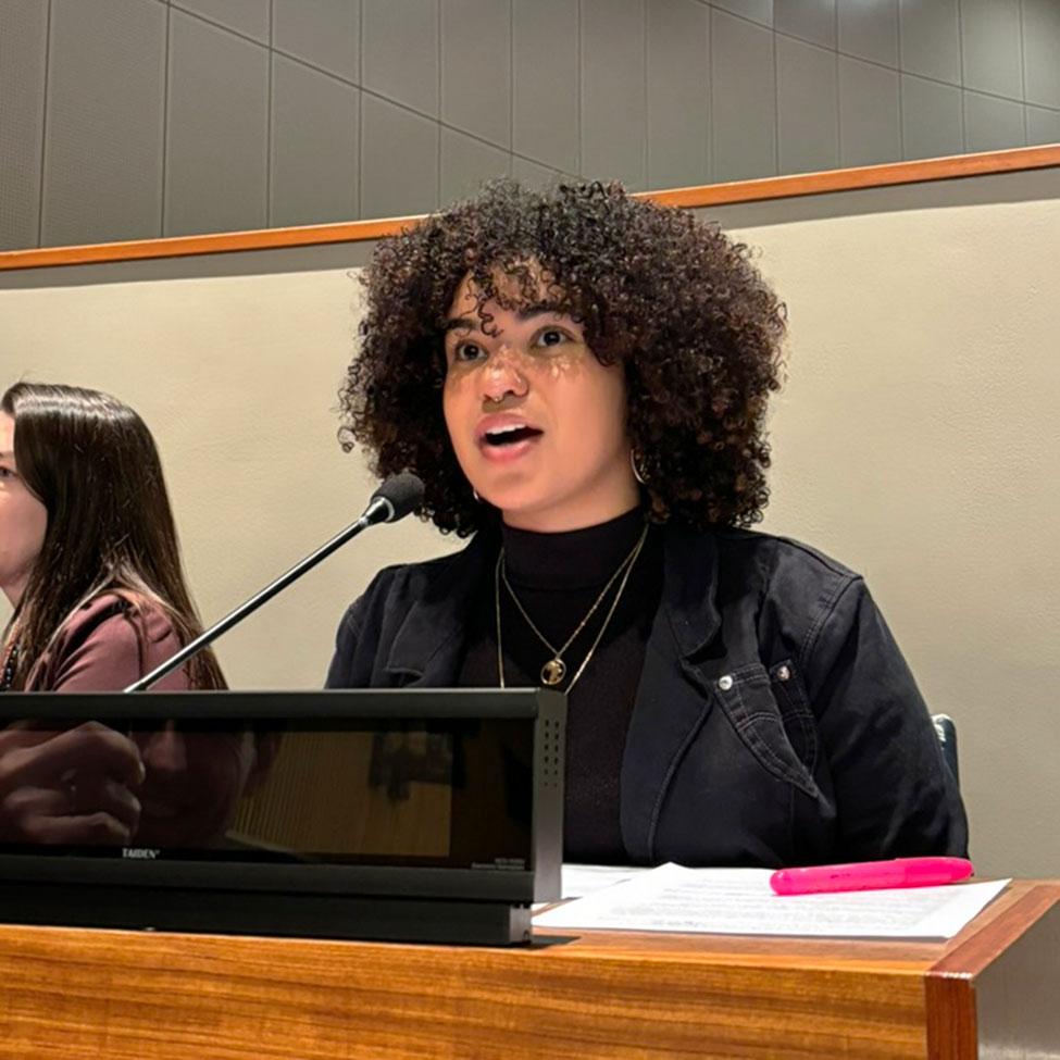 Pace University student Layne Davis ‘25, Peace and Justice Studies, Political Science, delivering statements to the United Nations General Assembly First Committee