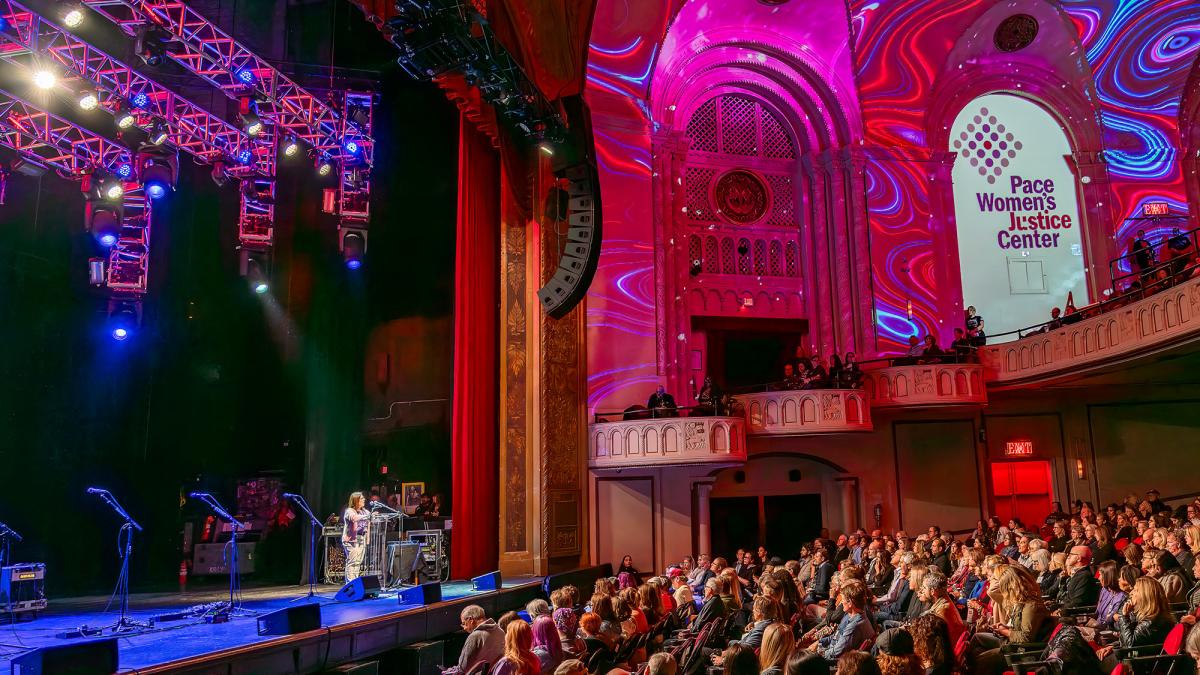 Pace Women's Justice Center Executive Director speaks at a podium in the Capitol Theatre to the audience of the 2024 Raising the Bar Benefit Concert.