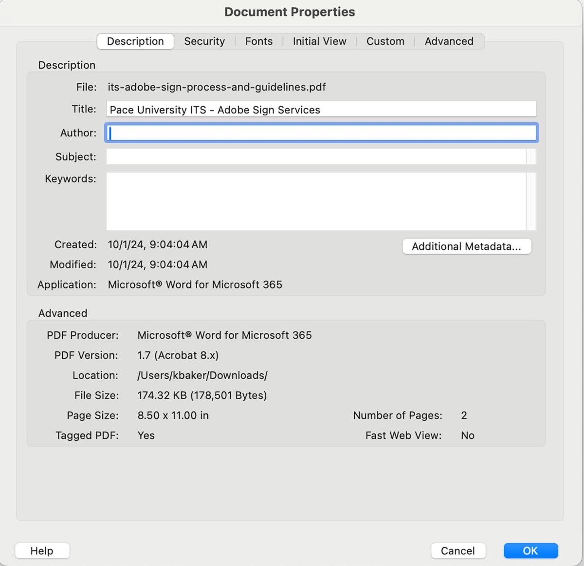 Example of Adobe Acrobat Document Properties window.