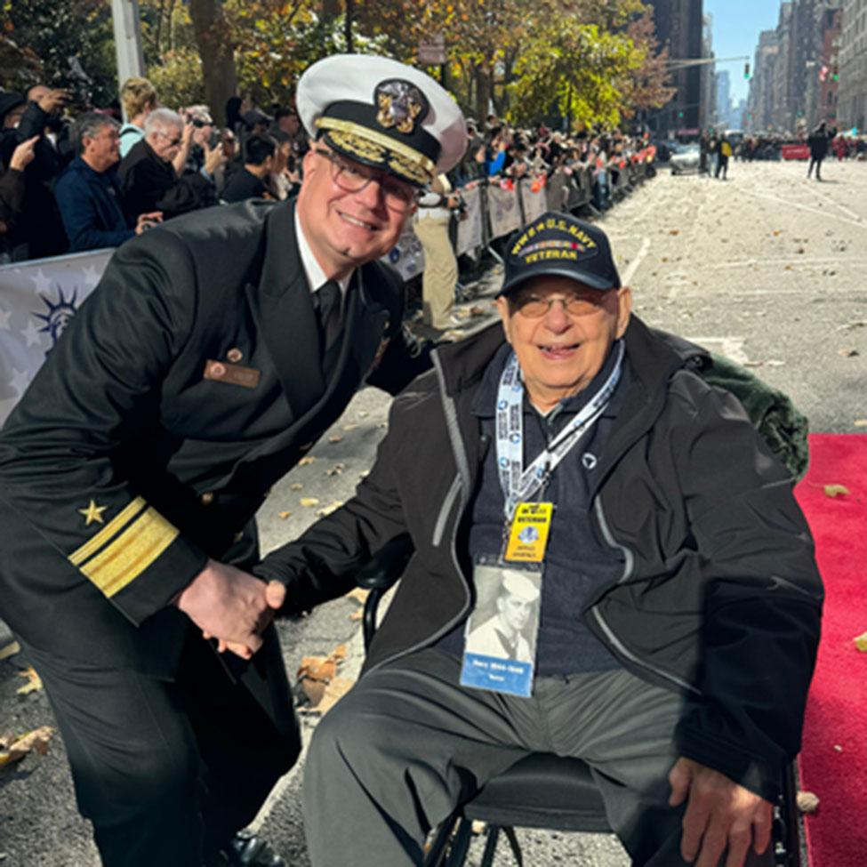 Pace University alumn Arthur Grabiner ’50 with US Navy Rear Admiral Lahti at the Veterans Day Parade, 2024.