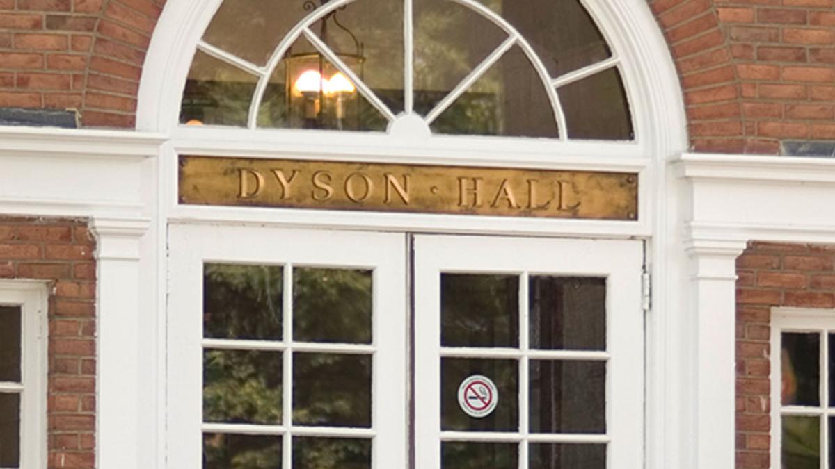 Dyson Hall plaque above the door of the building in Pleasantville