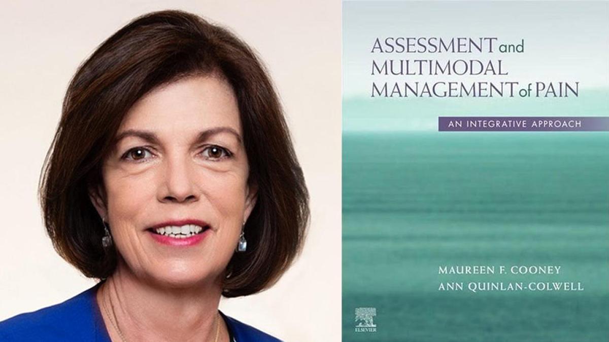 Maureen Cooney on the left and the cover of her book Assessment and Multimodal Management of Pain: An Integrative Approach