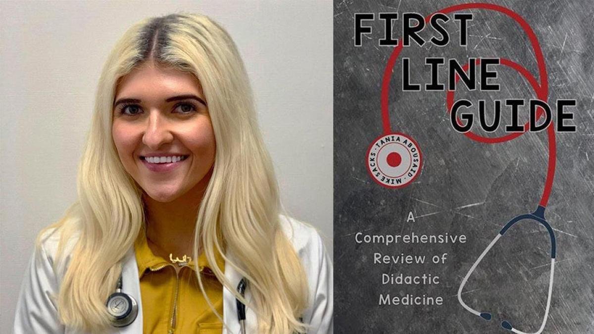 Tania Abousaid on the left and the cover of her book First Line Guide: A Comprehensive Review of Didactic Medicine