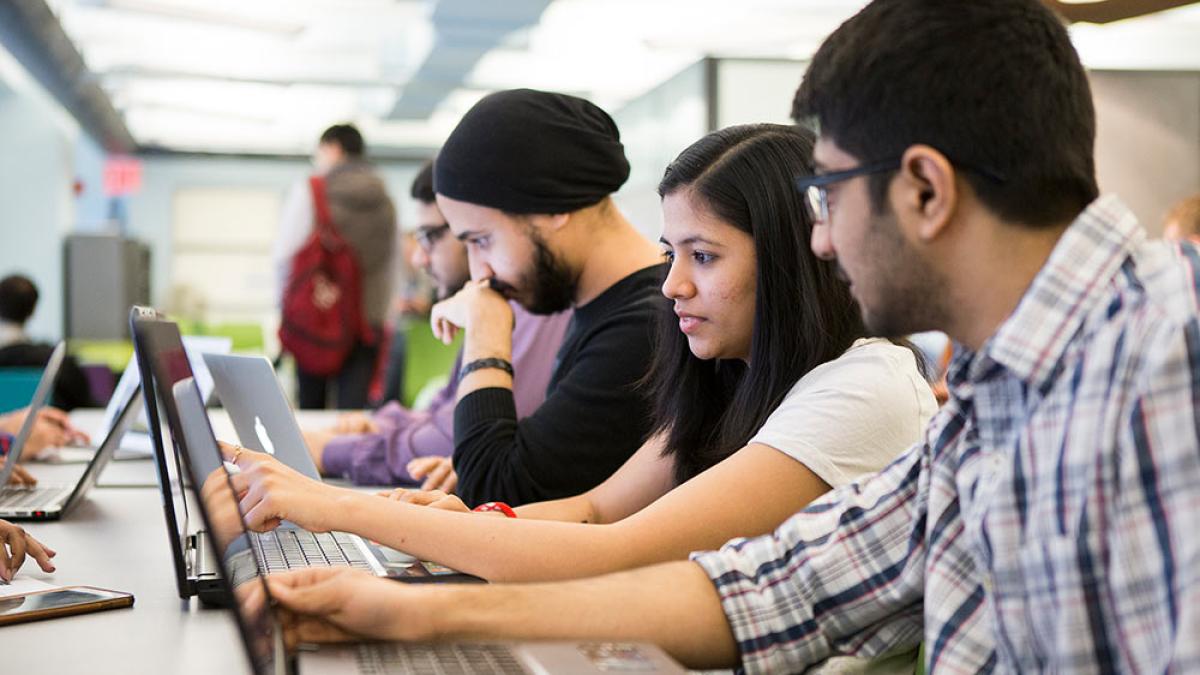 Group of Seidenberg students working on their computers.