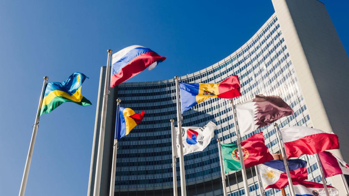 United Nations building with international flags in Manhattan