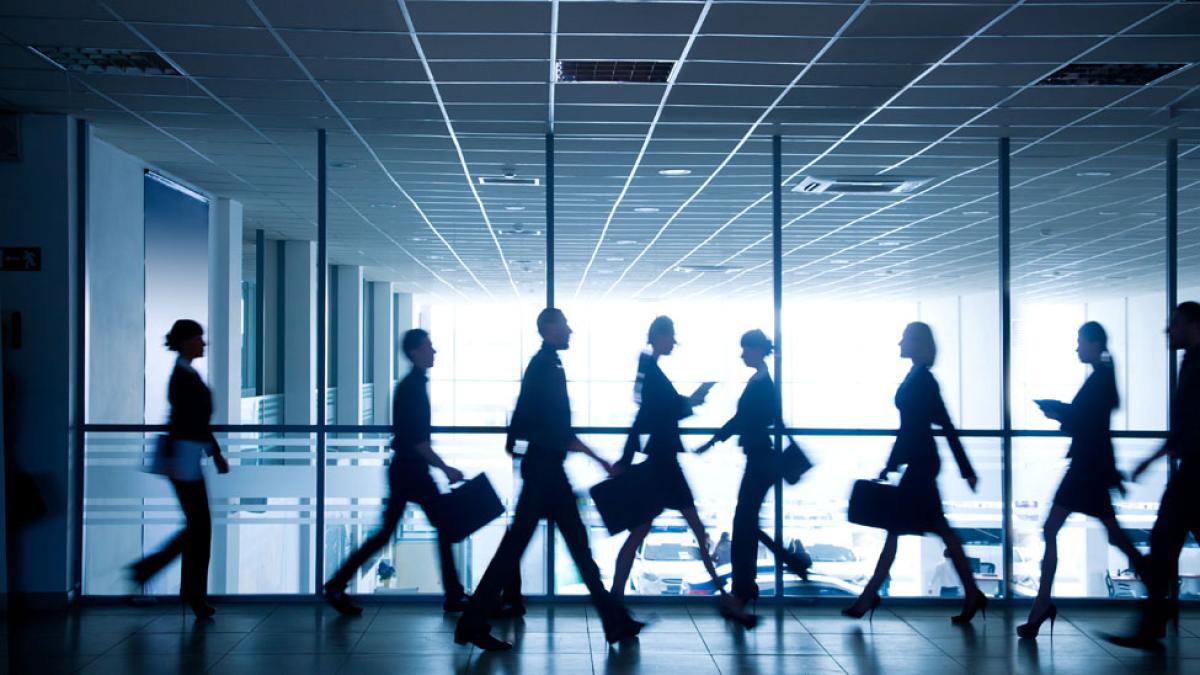 graphic of business people walking through a corridor holding briefcases