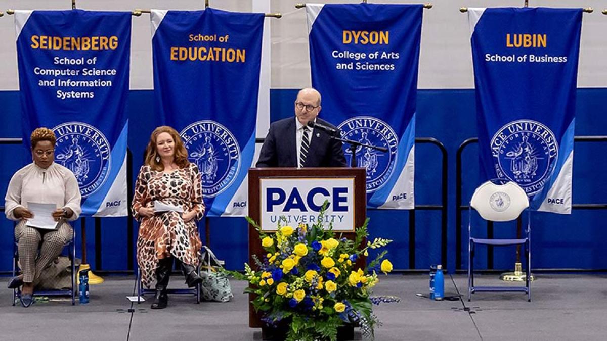 Pace president, Marvin Krislov, speaking on stage at the class of 2026 convocation ceremony.