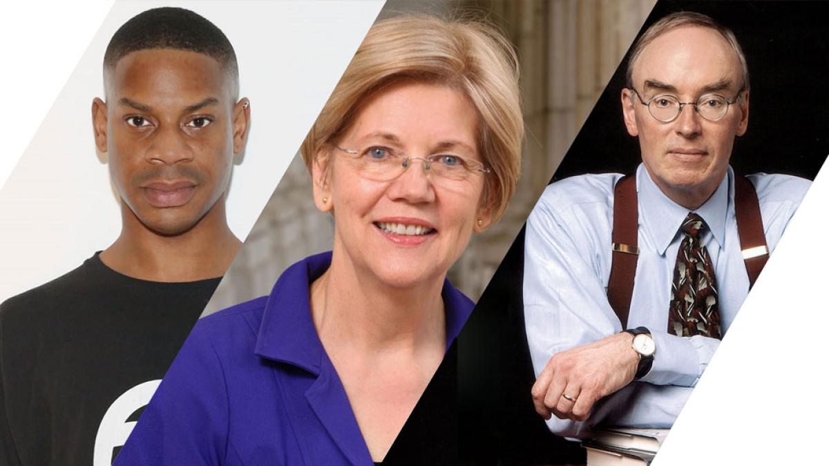 from left to right, Pace University gragduate Telfar Clemens, U.S. Sen. Elizabeth Warren, Harvard Law Professor Bruce H. Mann