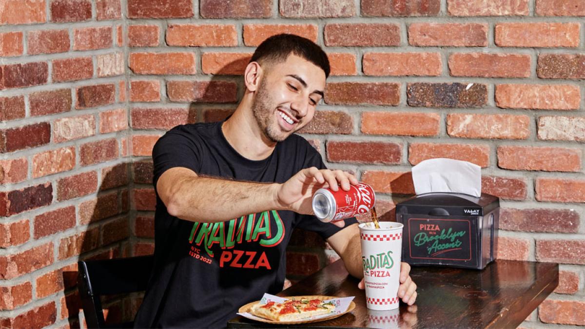 Lubin alumnus Leo Krkuti '17, owner of Traditas Pizza on Maiden Lane in Lower Manhattan