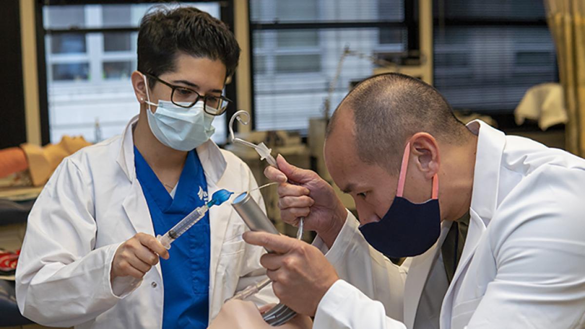 Image of Adult-Gerontology Acute Care Nurse Practitioner students practicing in the lab