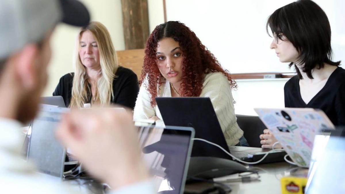 Senior/graduate student Madelyn Garcia talks about "wildlife killing contests" and how she and her classmates in the Animal Advocacy Clinic at Pace University are working to outlaw them in New York April 19, 2023 during class in Pleasantville. (Courtesy of Tania Savayan/The Journal News)