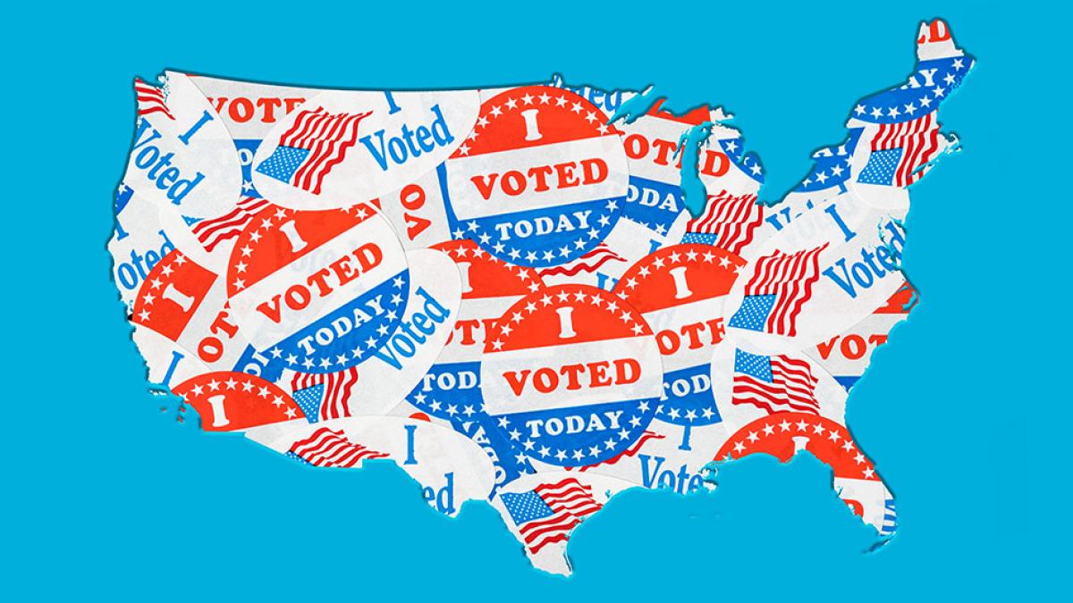 Map of USA with I Voted stickers covering it to encourage voting