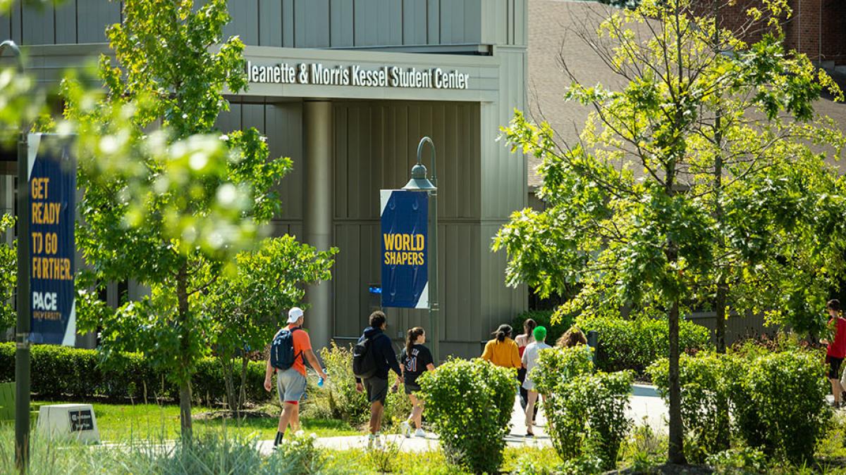 Students walking on the Pace University Campus in Pleasantville, NY