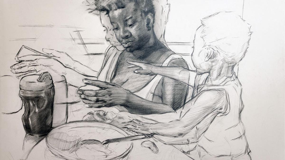 Drawing of a person doing multiple activities called Multitasking by Steven Anthony Johnson II displayed in the We're Home exhibition in the Pace University Art Gallery.