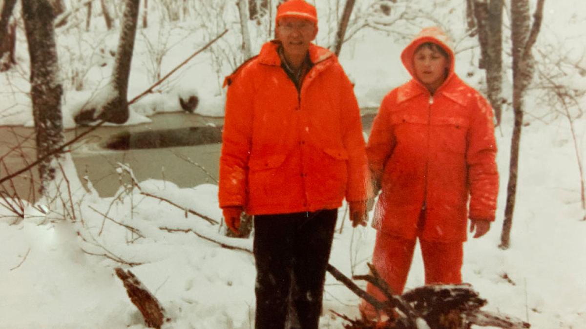 Professor Jason Czarnezki's grandfather smiling at the camera on a snowy day.