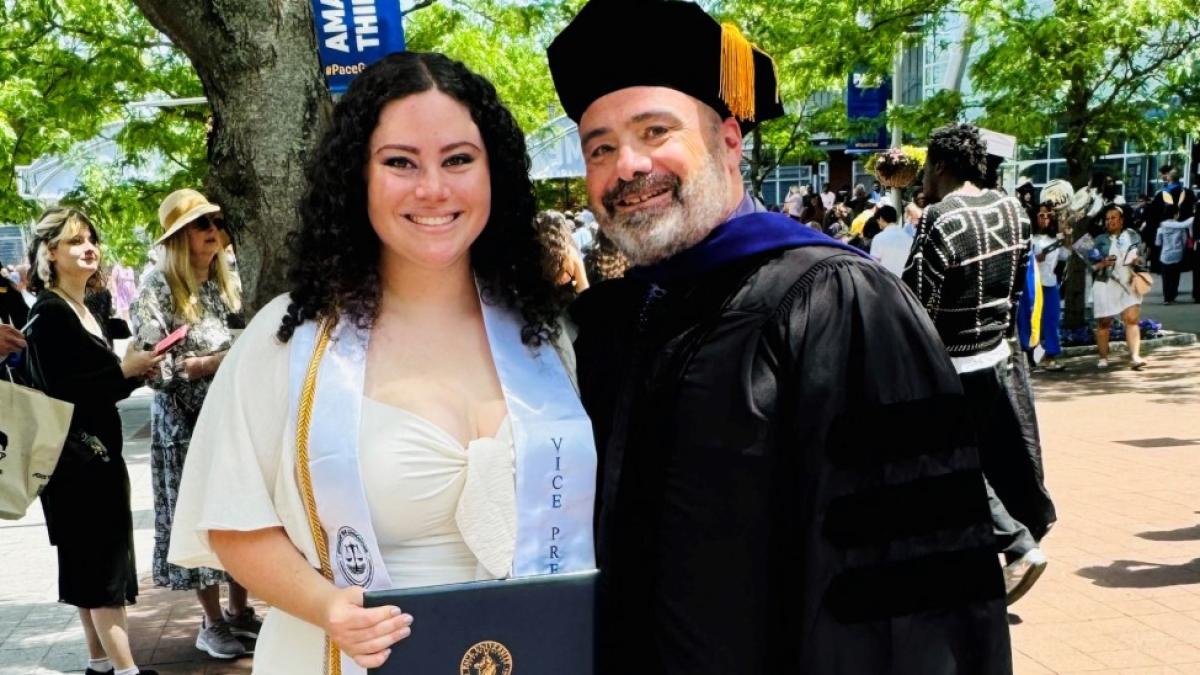 Elisabeth Haub School of Law at Pace University alumnus Mitchell Dinkin '92 with his daugther Amanda Dinkin '24 at Haub Law's 2024 Commencement Ceremony