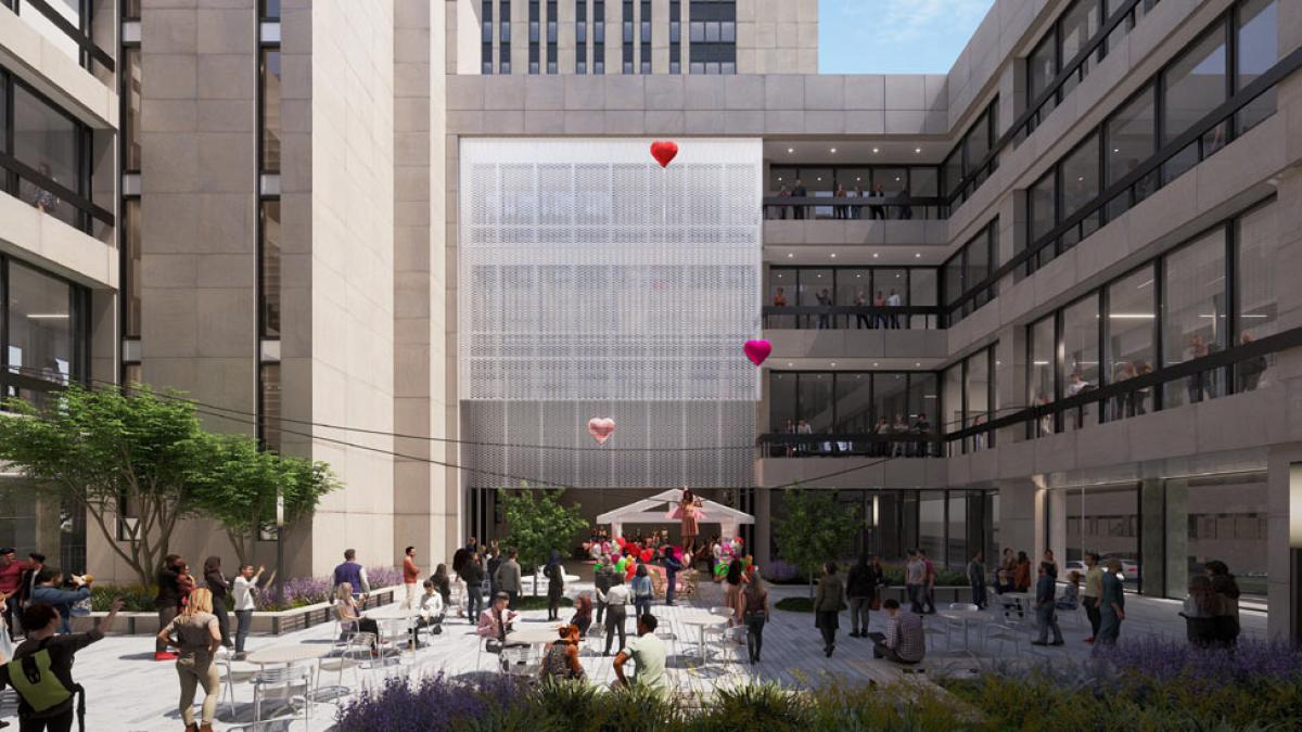 East side of the courtyard, the facade of One Pace Plaza East, and the small performing arts venue at Pace University in New York City.