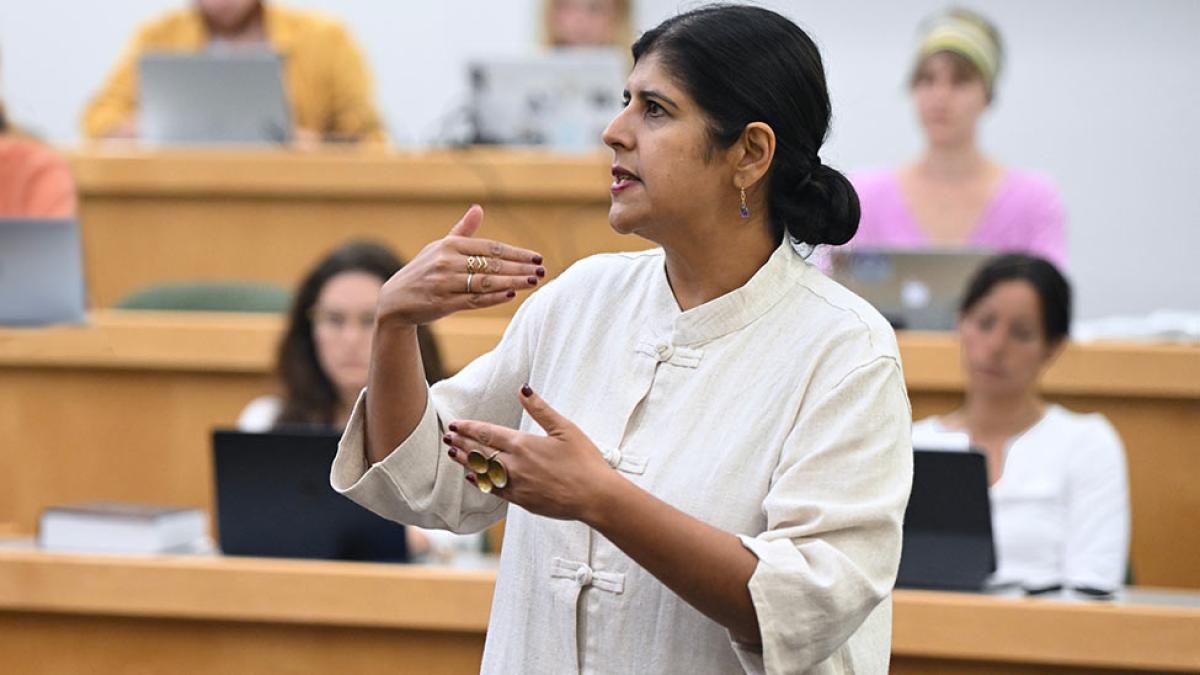 Professor lecturing in classroom at the Elisabeth Haub School of Law