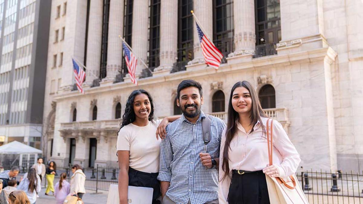 Pace University students near the New York Stock Exchange.