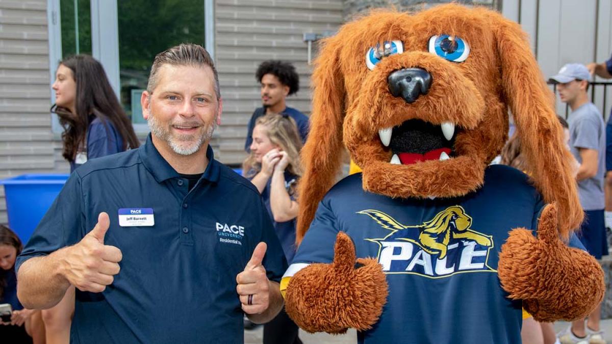 Dean of Student Affairs Jeff Barnet with Pace University's Mascot, T-Bone