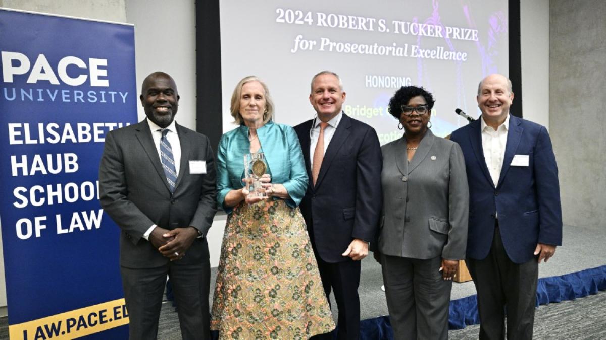 Horace E. Anderson Jr., Dean of the Elisabeth Haub School of Law at Pace University, 2024 Tucker Prize Recipient Bridget G. Brennan, New York City Special Narcotics Prosecutor, Robert S. Tucker, FDNY Commissioner, Darcel D. Clark, Bronx District Attorney, Marvin Krislov, Pace University President