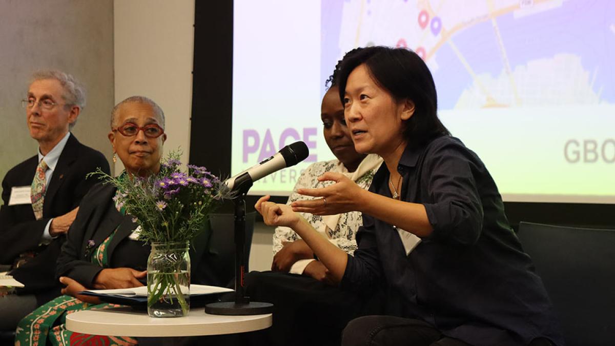 Pace University’s English Professor Stephanie Hsu speaking at the Ground Beneath Our Feet Launch event last month.
