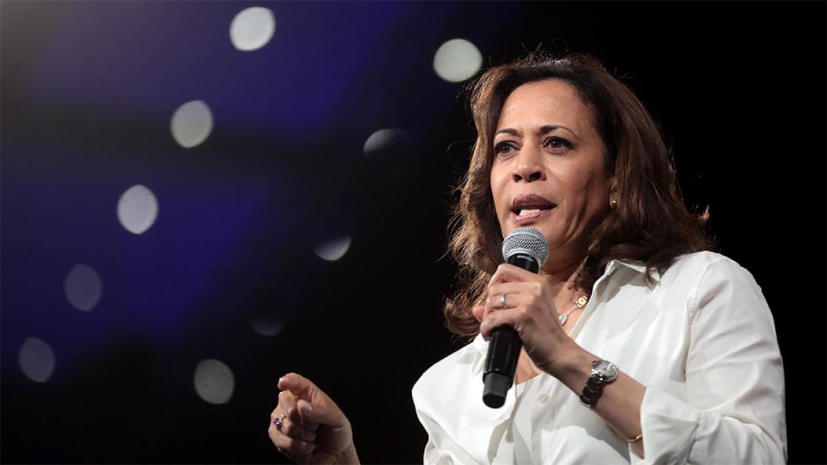 Vice President of the United States Kamala Harris speaking on stage