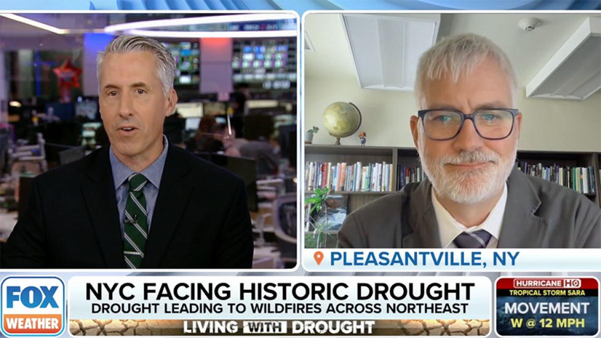 Screen capture of Pace University Environmental Studies and Science professor Michael Finewood, PhD, speaking to Fox weather about th NYC facing a historic drought