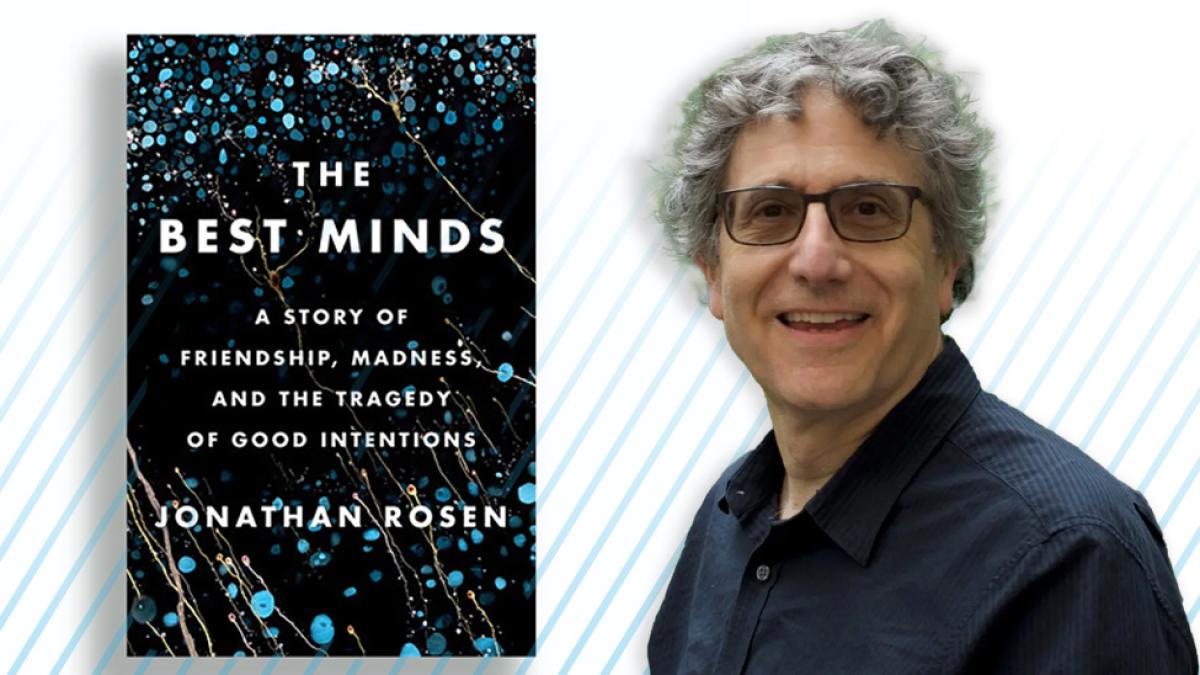 Author Jonathan Rosen with the cover of his book "The Best Minds."