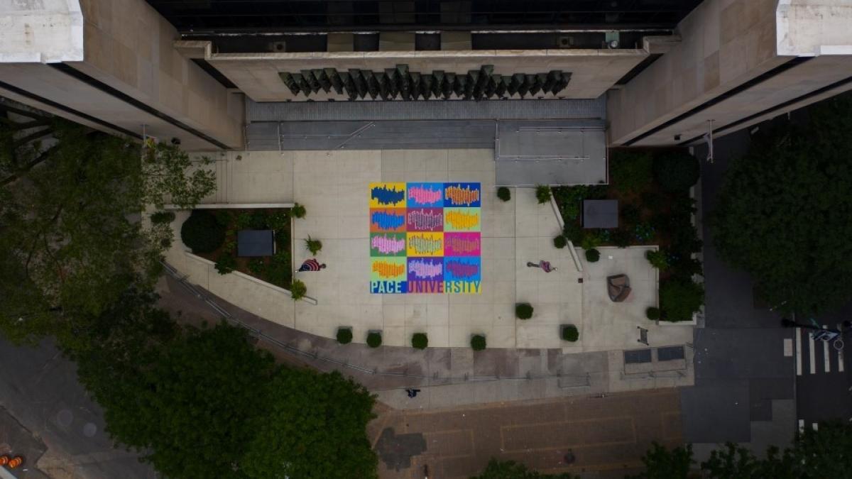 Aerial photograph of the main entrance for Pace University at One Pace Plaza in New York, NY.