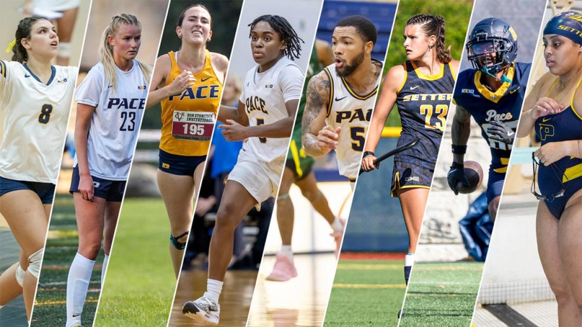 Split image of Pace Student-Athletes including women's volleyball, soccer, cross country, basketball, men's basketball, field hockey, football, and swimming