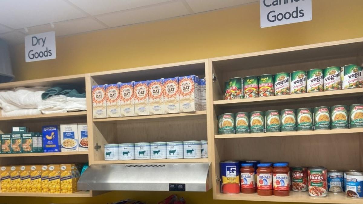 The Pace University Pleasantvile Food Pantry's dry goods and canned goods cabinets